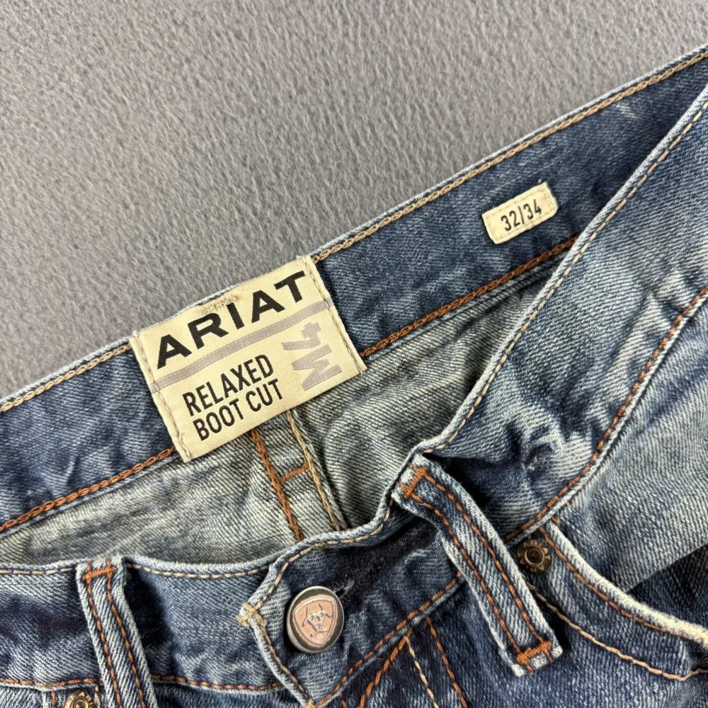 Ariat M4 Jeans Mens 32x34 (Fits 34x34) Blue Relaxed Boot Cut Distressed Workwear